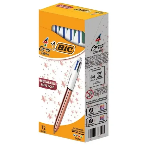 Caixa BIC, Caneta 4 Cores Clássicas, Corpo Metálico Rose Gold, 12 Unidades
