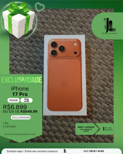 IPHONE 17 PRO, 5G, 256GB, CHIP ESIM, LARANJA, LACRADO, LANÇAMENTO!