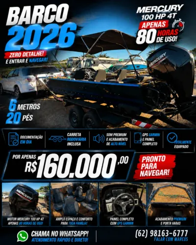 Barco 2026 20 Pés | Mercury 100 HP 4T | Apenas 80 Horas
