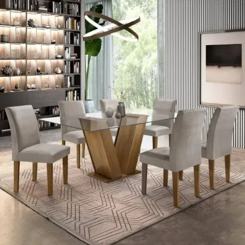 Mesa de Jantar 6 Cadeiras Com Tampo Laqueado 1,70m Suede Cinza Claro
