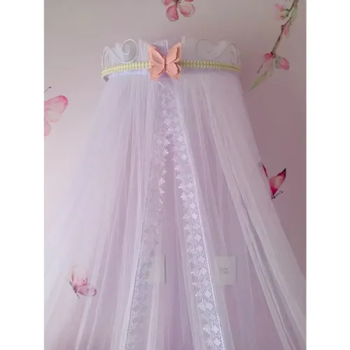 Dossel com Mosquiteiro - Branco com Pérolas e Borboleta Rosa | Lindo e Delicado