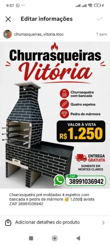 Churrasqueira pré moldadas 4 espetos com bancada e pedra de mármore 1.250$ avista