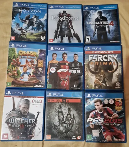 Lote 9 Jogos PS4 - F1 22, Crash Trilogy, The Witcher 3 (Com Mapa), Horizon, Uncharted 4