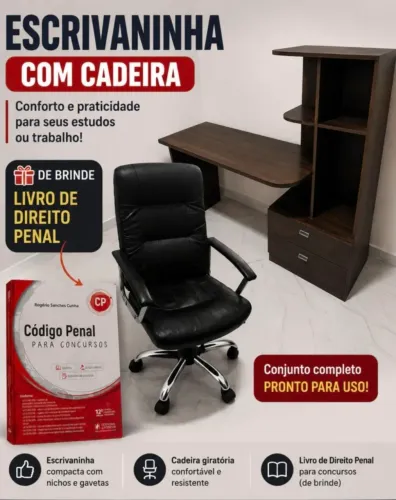 Escrivaninha com cadeira de escritório e livro de brinde