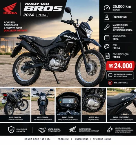 Moto Bros preta 2024, único dono 25.000 km rodados
