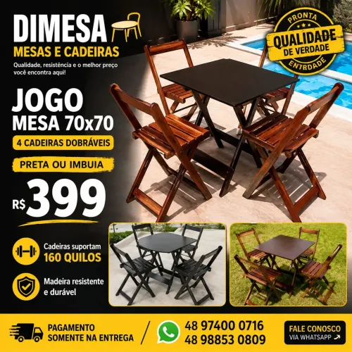 Kit mesa 70x70 com 4 cadeiras dobráveis sem estofado