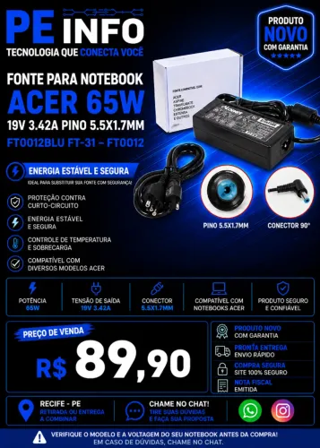 Fonte Notebook Acer 65W 19V 3.42A Pino 5.5x1.7mm Nova