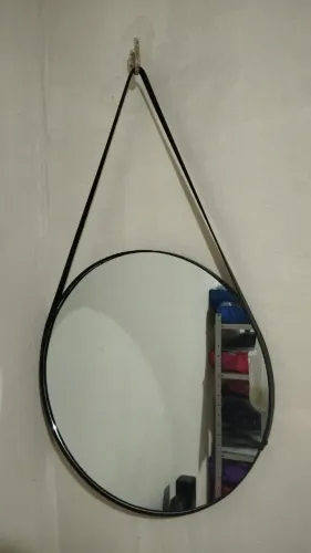 Espelho Redondo 50cm Preto de Couro