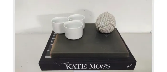2 livros de decoração e três vasos pequenos