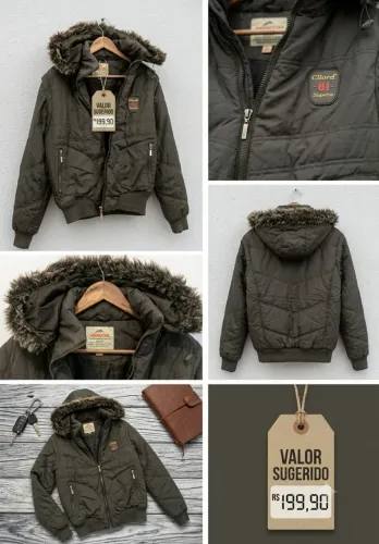 Jaqueta Puffer Bomber com Capuz de Pelo