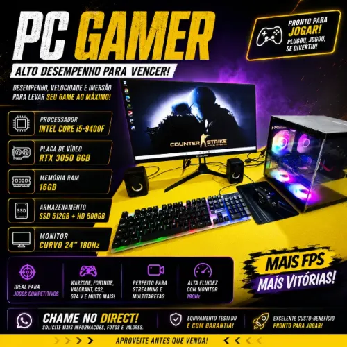 PC Gamer Core i5-9400F RTX 3050 16gb Ram Ssd 512gb Hd 500 Tela Curva 24
