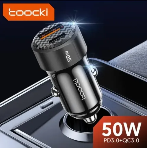 Carregador Veicular 50W Toocki Rápido Dual Usb-c + Usb-a Pd3.0