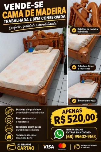 Cama de Madeira Trabalhada de Casal - Bem Conservada