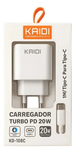 Carregador Turbo 20W Kaidi KD-108C Tipo-C Seguro e Potente