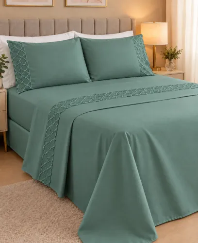 Jogo de Cama Queen 4 Peças Verde Sálvia - Bordado