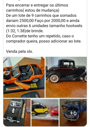 Lote contendo 9 carrinhos 1:24 a 1:18 com brinde de 6 carrinhos escala menor.