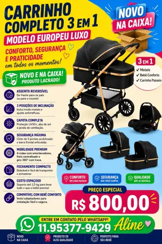 Carrinho de bebê 3 em 1 (novo na caixa)