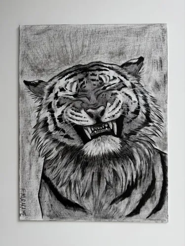 Pintura de tigre sorridente em tinta acrílica 30x40cm feito à mão