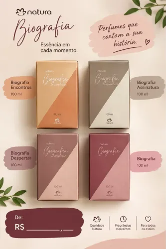 Perfumes Natura Biografia, Encontros, Assinatura