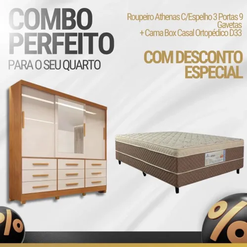 Guarda-Roupa Athenas 3 Pts 9 Gav Larg. 1.80m C/Pés Bianchi + Cama Box Casal Ortopédico D33