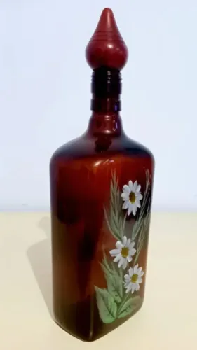 Garrafa De Vidro Marrom Com Desenho De Flores Pintado À Mão