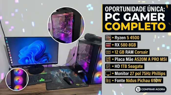 PC Gamer Completo Ryzen 5 4500 / RX 580 8GB/ Monitor 27
