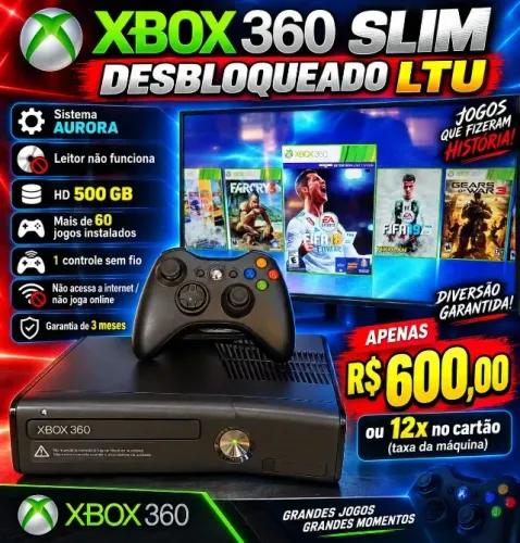 Xbox 360 slim desbloqueado LTU HD 500GB com garantia 3 meses
