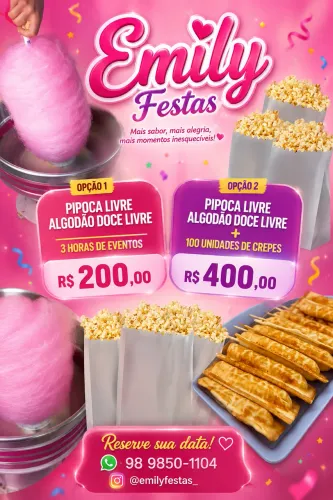 Pipoca, Algodão Doce e Crepes para Festas