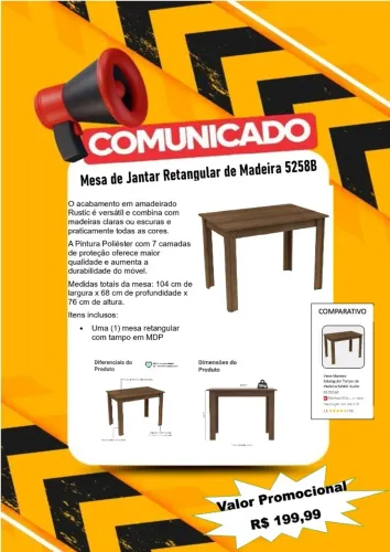 Mesa de Jantar Retangular de Madeira 5258B