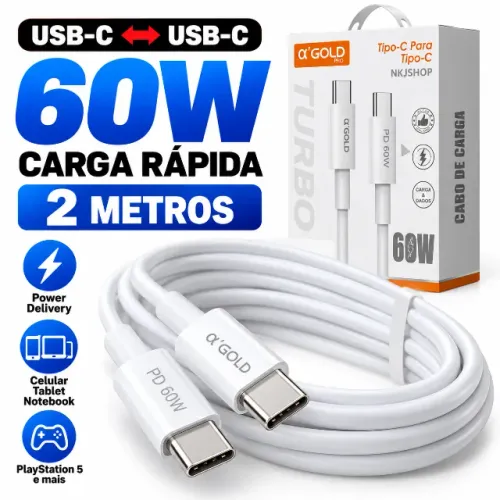 Cabo USB-C x USB-C 60W 2 Metros Carga Rápida PD Controle PS5 Celular Notebook