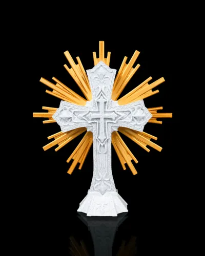 Cruz Sagrada 22cm Dourado Branco Católico Religioso Cross 3D