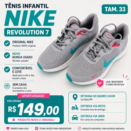 Tênis Infantil Nike Revolution 7 Original Tam. 33 | Novo | Nunca Usado