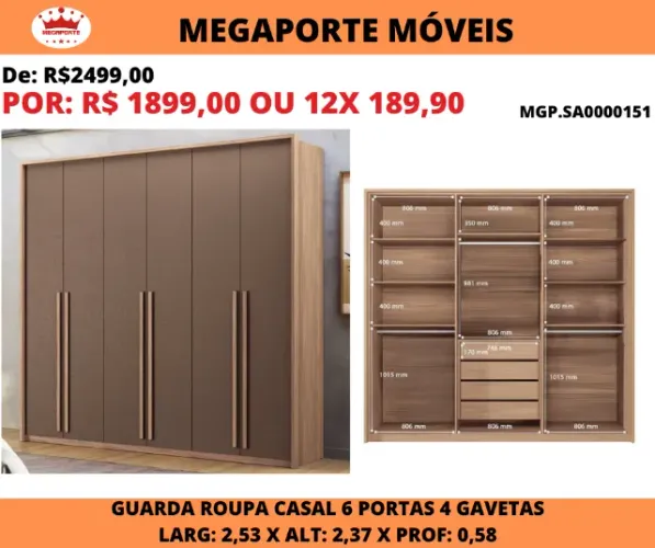 Guarda Roupa Casal 6 Portas 4 Gavetas