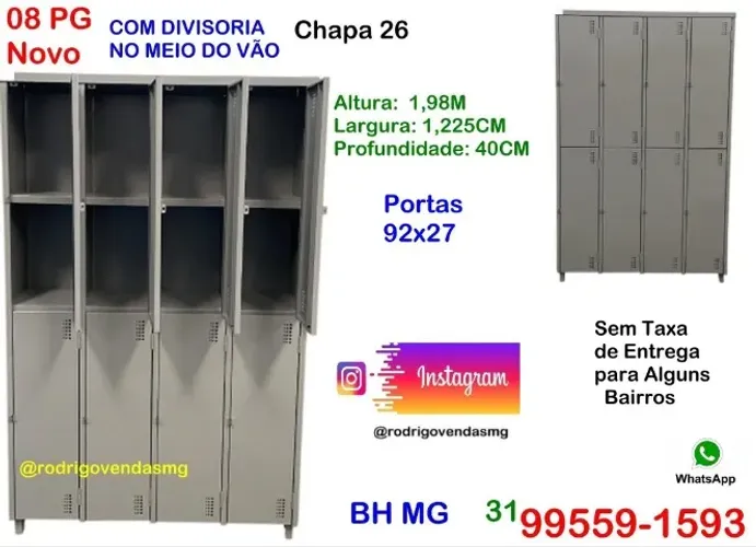 Roupeiro Armário de 08 portas grande moveis indústria vestiário escaninho auto loja casa