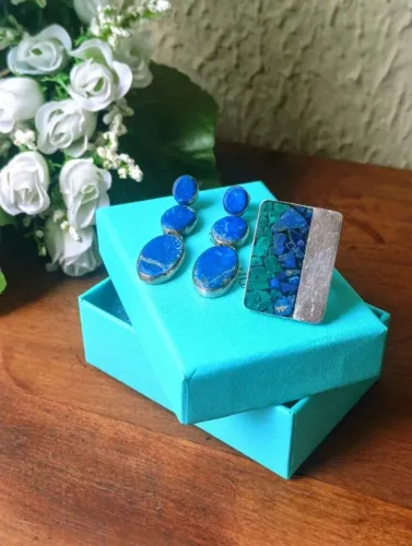 Conjunto Joias Vintage Lápis-Lazúli e Jade Brincos Anel Luxo Aro 19