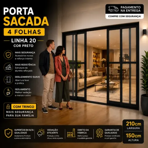 porta sacada 4 folhas 210x150 linha 20 cor preto com trinco