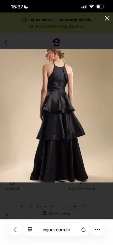 Vestido de festa longo, em zibeline, alças finas, com saia em camadas - Preto