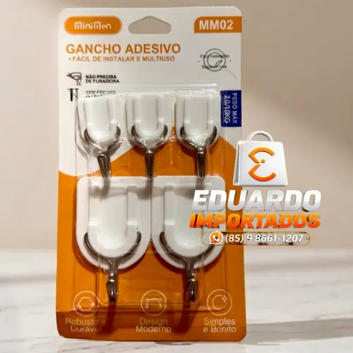 Gancho Adesivo, Cartela com 5 (sem furos, autocolante) Multiuso, suporta Até 2kg