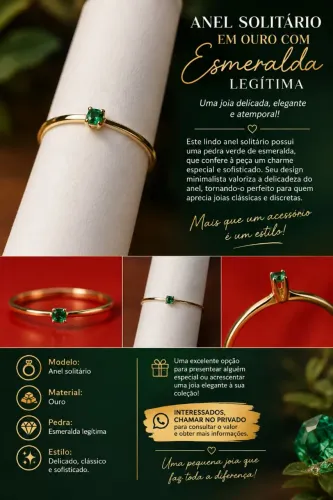 Anel solitário em ouro e esmeralda Legítima 
