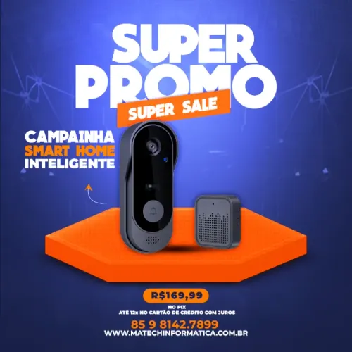 Vídeo Porteiro Sem Fio Tuya Wi-Fi com Bateria - Campainha IP66 - Preto