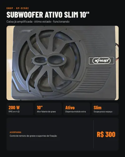 Subwoofer Ativo Slim Knup 10 Polegadas 200W RMS Caixa Amplificada Sob Banco + Controle