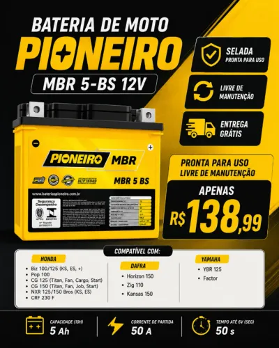 Bateria de Moto Pioneiro MBR 5-BS 12V - Selada, Entrega Maceio
