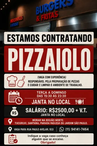 VAGAS ABERTAS - JERICOS'S HAMBURGUERIA E PIZZARIA