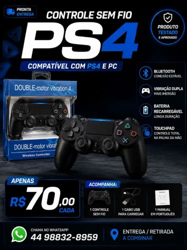 Controle PS4 Sem Fio Novo + Cabo - R$70