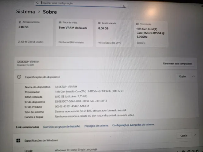 Notebook Dell Inspiron 15 3511 - Intel Core i3 11ª Geração / 8GB RAM / SSD 256 GB / W11