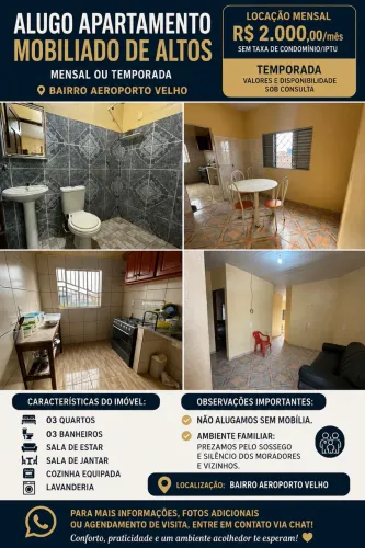 Alugo Apartamento Mobiliado de Altos - Mensal ou Temporada (Bairro Aeroporto Velho)