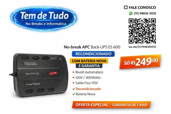 Nobreak APC Back-UPS ES 600 Bivolt Recondicionado Bateria Nova e Garantia