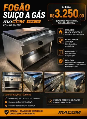 FOGÃO SUIÇO A GÁS - MACOM SÉRIE 700, COM GABINETE