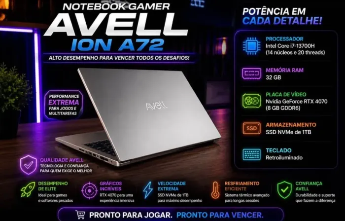 Notebook Gamer Avell ION A72 | i7-13700H | RTX 4070 8GB | 32GB RAM | SSD 1TB