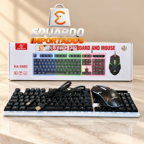 Kit Teclado e Mouse com fio USB luz RGB Colorido, estilo branco